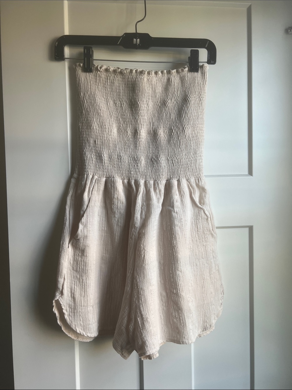 Peixoto Neutral Cream Strapless Smocked Swim Coverup